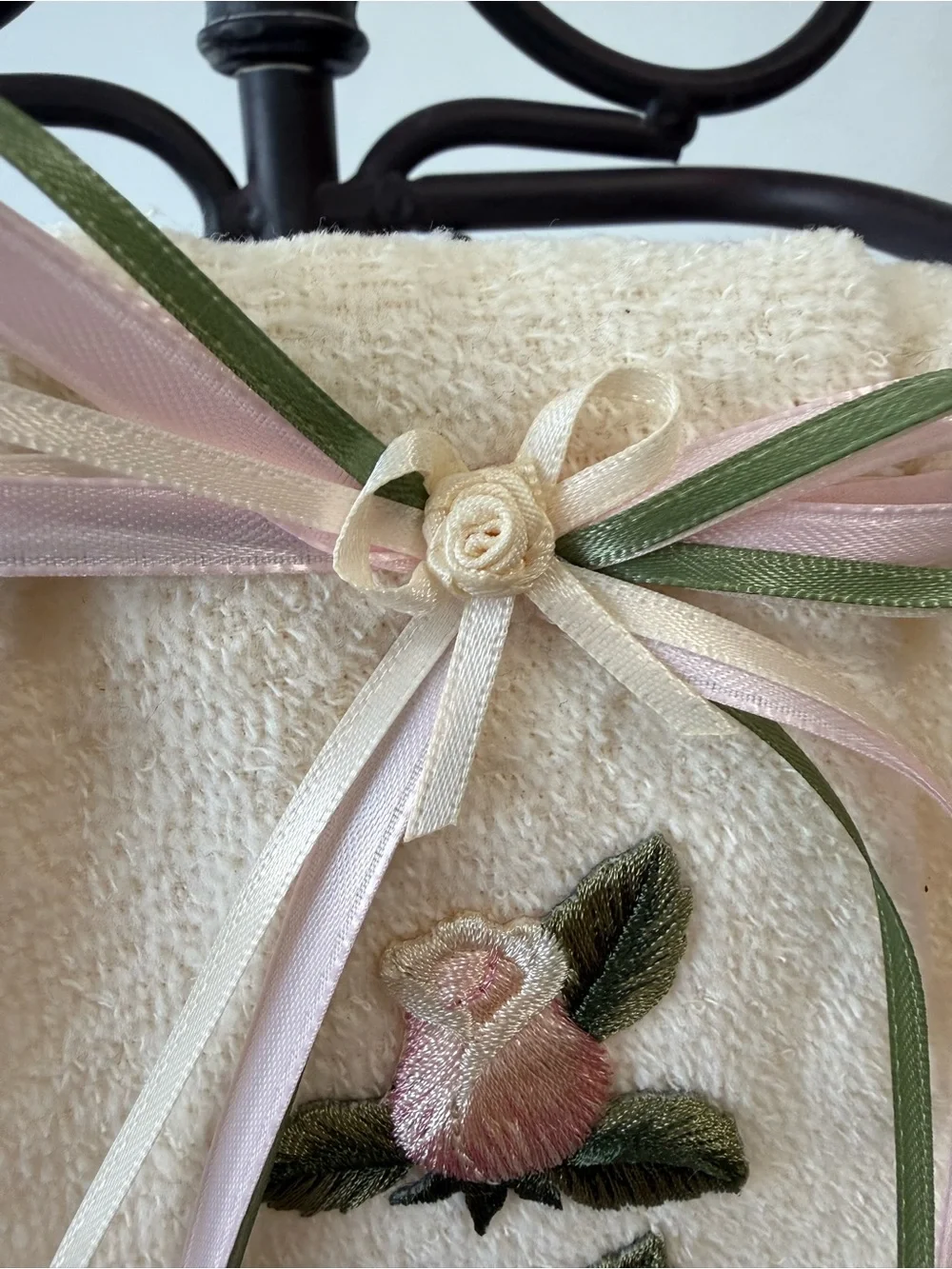 Hand Crafted Cream and Pink Floral Hand Towel & Spare Toilet Paper Holder